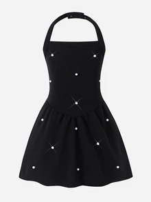 SHEIN Kids Young Girl Knit Solid Color Beaded Casual Halter Neck A-Line Dress - Black - View 5