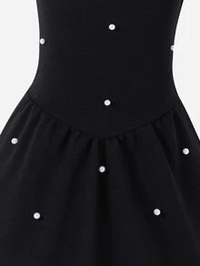 SHEIN Kids Young Girl Knit Solid Color Beaded Casual Halter Neck A-Line Dress - Black - View 8