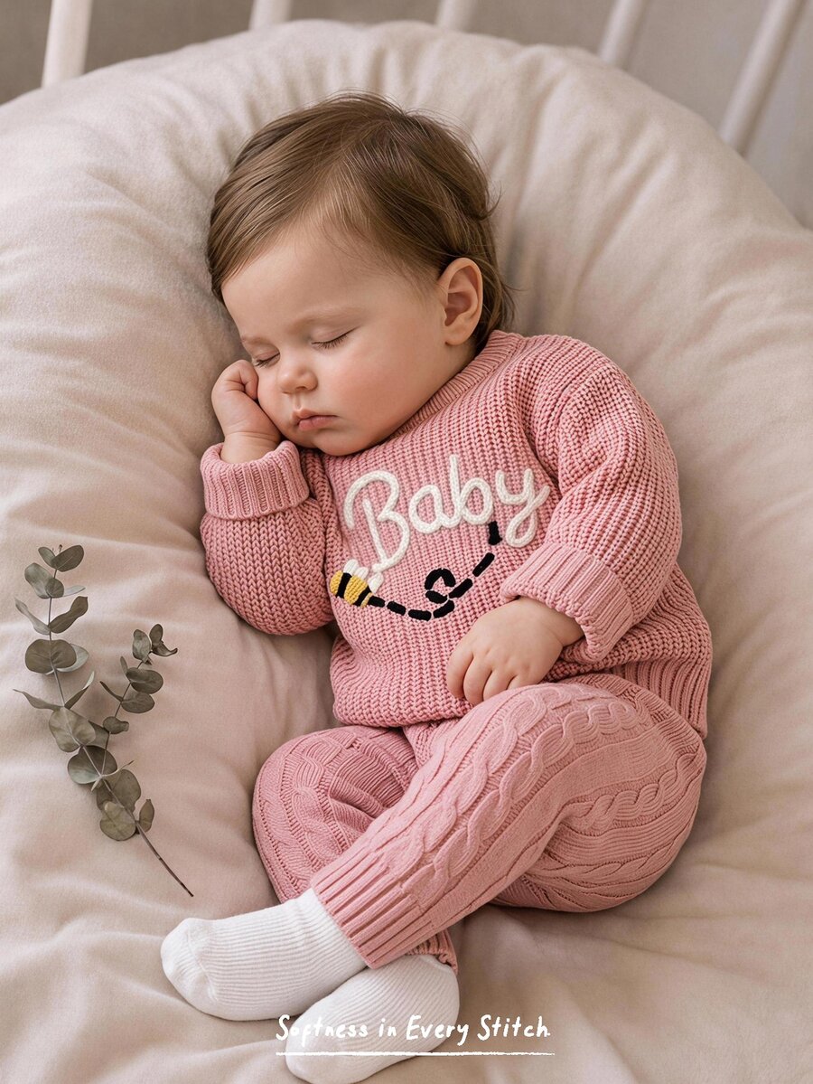 Cozy Pixies Baby Girl Knit Cartoon Bee Letter Pattern Crew Neck Casual Autumn Winter Sweater - Pink - View 1