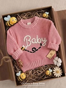 Cozy Pixies Baby Girl Knit Cartoon Bee Letter Pattern Crew Neck Casual Autumn Winter Sweater - Pink - View 2
