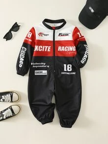 SHEIN 男嬰秋冬休閒街頭風賽車連身衣 - 彩色 - 查看 4