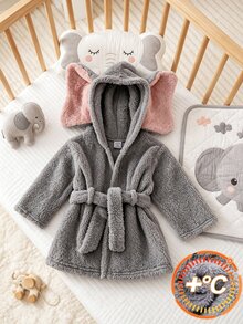SHEIN Baju Santai Bayi Laki-laki Baru Lahir Musim Gugur/Dingin dari Fleece Tebal dengan Desain Telinga Besar - Grey - View 3