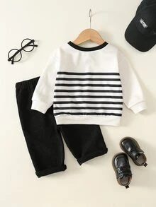 SHEIN 中性嬰兒男孩/女孩幼兒 2件組秋冬保暖內裡加厚可愛學院風條紋運動衫套裝，嬰兒冬季服飾運動服 - 黑與白 - 查看 3