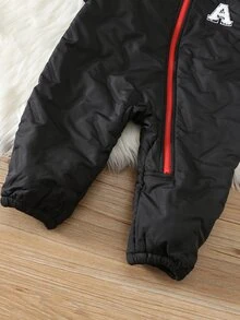 SHEIN 男女嬰兒/幼兒保暖內裡加厚休閒可愛拼色拼接連帽連身衣，嬰兒冬季連身褲，聖誕節 - 紅色 - 查看 6