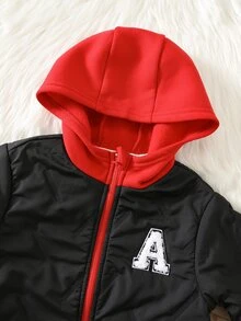 SHEIN 男女嬰兒/幼兒保暖內裡加厚休閒可愛拼色拼接連帽連身衣，嬰兒冬季連身褲，聖誕節 - 紅色 - 查看 4