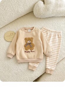 SHEIN 兒童新生兒熊刺繡衛衣與條紋冬季長褲套裝 - 卡其色 - 查看 8