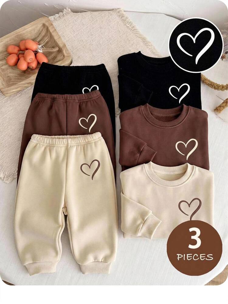 SHEIN 3 piezas/Set Pantalones largos de invierno con estampado de corazón y cintura elástica para niña - Multicolor - Añade 2