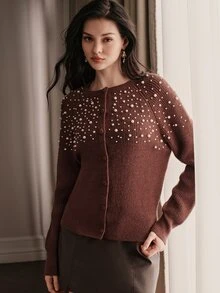 Anewsta Cardigan Rajut Berhiaskan Manik-Manik Mewah dan Santai untuk Wanita, Cocok untuk Kencan dan Bepergian di Musim Gugur/Dingin - Coklat - View 6