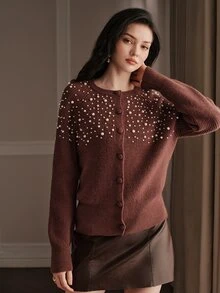 Anewsta Cardigan Rajut Berhiaskan Manik-Manik Mewah dan Santai untuk Wanita, Cocok untuk Kencan dan Bepergian di Musim Gugur/Dingin - Coklat - View 5