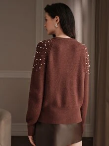 Anewsta Cardigan Rajut Berhiaskan Manik-Manik Mewah dan Santai untuk Wanita, Cocok untuk Kencan dan Bepergian di Musim Gugur/Dingin - Coklat - View 3