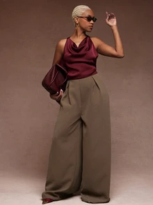 Vixey Satin Cowl Neck Wide Leg Jumpsuit, Office Work Wear, Business, Daily, Elegant - Multicolor - View 1