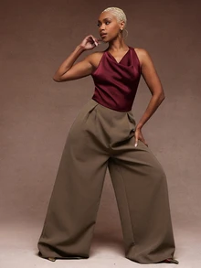Vixey Satin Cowl Neck Wide Leg Jumpsuit, Office Work Wear, Business, Daily, Elegant - Multicolor - View 3