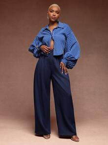 Vixey Fashion Commuter Solid Color Curved Leg Trousers, Office Work Wear, Business, Daily - Royal Blue - View 2