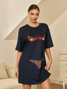 Betty Boop x SHEIN Women's Cartoon Pattern Casual Daily Home Short Sleeve Nightgown - Black - View 7