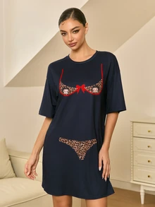 Betty Boop x SHEIN Women's Cartoon Pattern Casual Daily Home Short Sleeve Nightgown - Black - View 3