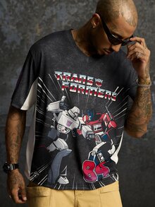 Transformers X SHEIN Kaos Lengan Pendek Kasual Pria dengan Cetakan Huruf untuk Sehari-hari - Hitam - View 4