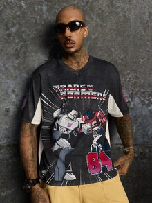 Transformers X SHEIN Kaos Lengan Pendek Kasual Pria dengan Cetakan Huruf untuk Sehari-hari - Hitam - View 3