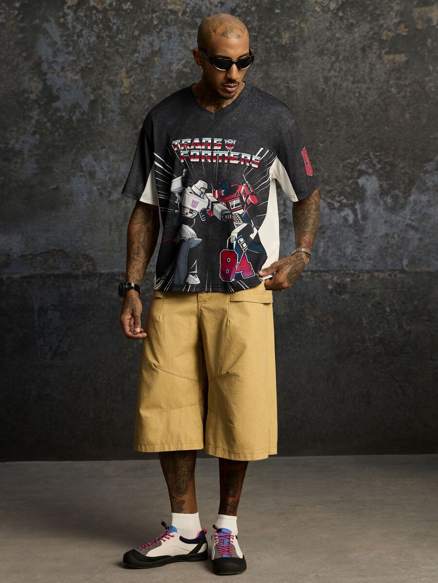 Transformers X SHEIN Kaos Lengan Pendek Kasual Pria dengan Cetakan Huruf untuk Sehari-hari - Hitam - View 1