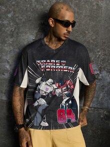 Transformers X SHEIN Kaos Lengan Pendek Kasual Pria dengan Cetakan Huruf untuk Sehari-hari - Hitam - View 5