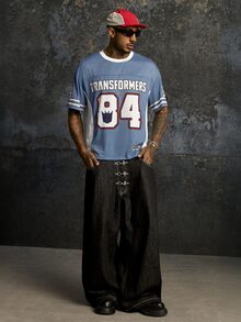 Transformers X SHEIN Kaos Lengan Pendek Kasual Pria dengan Motif Huruf & Angka untuk Sehari-hari - Dusty Blue - View 1