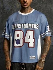 Transformers X SHEIN Kaos Lengan Pendek Kasual Pria dengan Motif Huruf & Angka untuk Sehari-hari - Dusty Blue - View 6