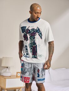Transformers X SHEIN Men's Cartoon Print Short Sleeve Top And Pocket Shorts Loungewear Set - Blue and White - View 4