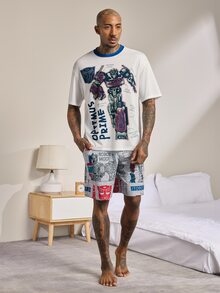 Transformers X SHEIN Men's Cartoon Print Short Sleeve Top And Pocket Shorts Loungewear Set - Blue and White - View 3