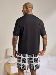 Transformers X SHEIN Men's Cartoon Print Short Sleeve Top And Shorts Loungewear Set - Black and White - View 2