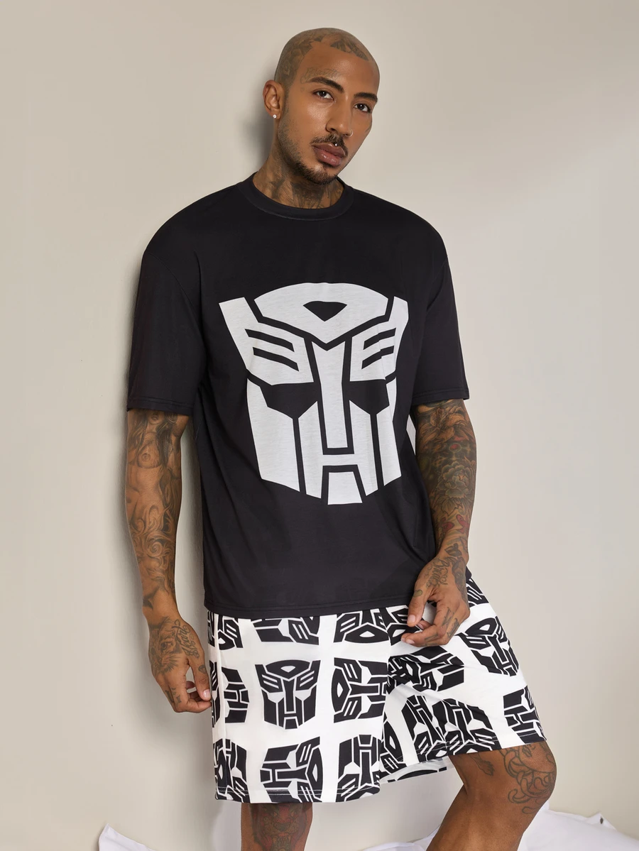 Transformers X SHEIN Men's Cartoon Print Short Sleeve Top And Shorts Loungewear Set - Black and White - View 1