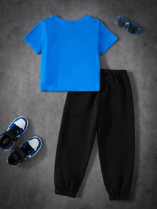 Transformers X SHEIN Young Boy Cartoon Print Short Sleeve T-Shirt And Jogger Pants Set - Blue - View 2