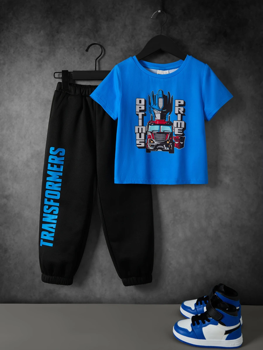 Transformers X SHEIN Young Boy Cartoon Print Short Sleeve T-Shirt And Jogger Pants Set - Blue - View 1