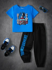 Transformers X SHEIN Young Boy Cartoon Print Short Sleeve T-Shirt And Jogger Pants Set - Blue - View 3