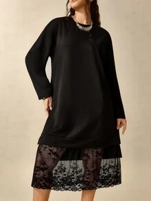 Nubod Plus Size Soft Knit Fabric Contrast Lace Round Neck Long Sleeve Loose Straight Hem Contrast Lace T-Shirt Dress Casual Outing Date Party Daily Commute Dress - Black - View 4
