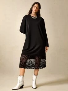 Nubod Plus Size Soft Knit Fabric Contrast Lace Round Neck Long Sleeve Loose Straight Hem Contrast Lace T-Shirt Dress Casual Outing Date Party Daily Commute Dress - Black - View 7