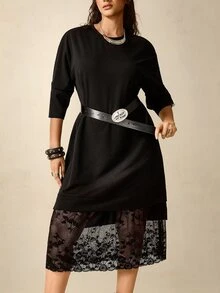 Nubod Plus Size Soft Knit Fabric Contrast Lace Round Neck Long Sleeve Loose Straight Hem Contrast Lace T-Shirt Dress Casual Outing Date Party Daily Commute Dress - Black - View 3