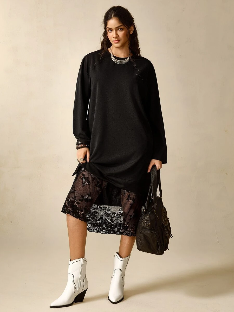 Nubod Plus Size Soft Knit Fabric Contrast Lace Round Neck Long Sleeve Loose Straight Hem Contrast Lace T-Shirt Dress Casual Outing Date Party Daily Commute Dress - Black - View 1