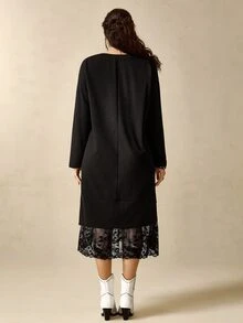 Nubod Plus Size Soft Knit Fabric Contrast Lace Round Neck Long Sleeve Loose Straight Hem Contrast Lace T-Shirt Dress Casual Outing Date Party Daily Commute Dress - Black - View 2