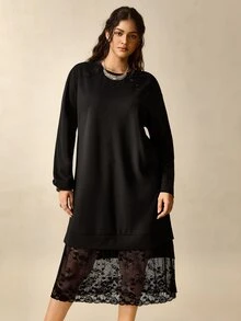 Nubod Plus Size Soft Knit Fabric Contrast Lace Round Neck Long Sleeve Loose Straight Hem Contrast Lace T-Shirt Dress Casual Outing Date Party Daily Commute Dress - Black - View 6