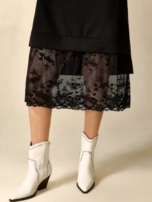 Nubod Plus Size Soft Knit Fabric Contrast Lace Round Neck Long Sleeve Loose Straight Hem Contrast Lace T-Shirt Dress Casual Outing Date Party Daily Commute Dress - Black - View 5