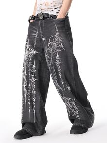 ROMWE MEN Street Life Men's Dark Gothic Thorn Jeans - Black - View 8