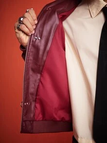 ROMWE MEN Essentials Men's Solid Color Airplane Buckle Zipper Placket Long Sleeve PU Leather Jacket - Burgundy - View 9