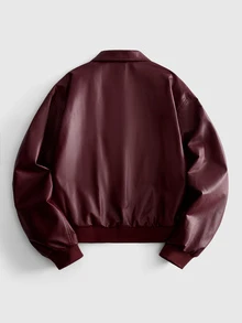 ROMWE MEN Essentials Men's Solid Color Airplane Buckle Zipper Placket Long Sleeve PU Leather Jacket - Burgundy - View 8
