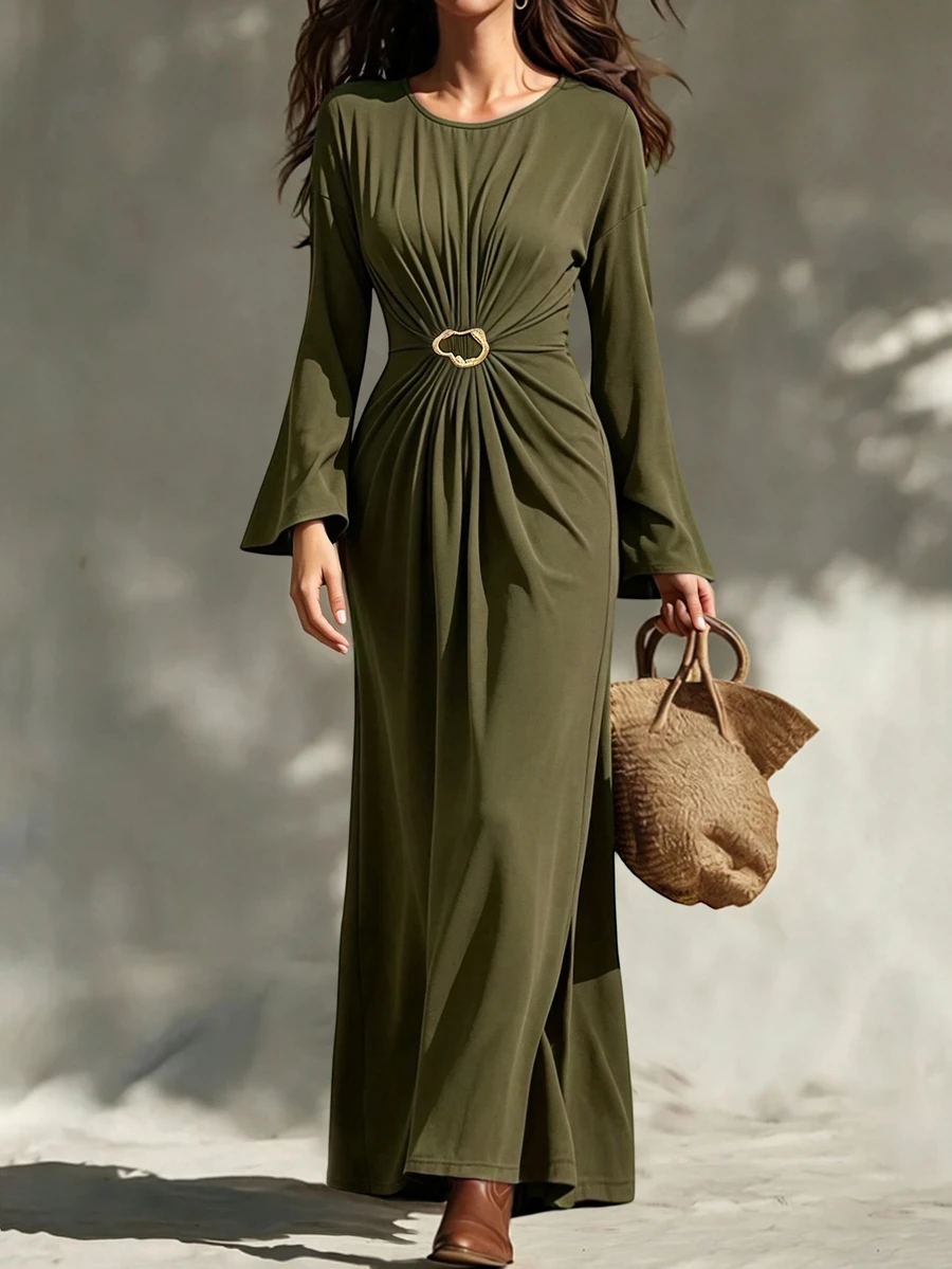Elenzga Vestido de unicolor con fruncido delantero - Verde Oliva - Ver 1