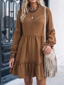 LanaWest Casual Vacation Western Style Coffee Color Half-Open Front Chest And Cuff Dyed Hollow Lace Patchwork Petal Sleeve Long Sleeve Back Elastic Waist A-Line Ruffle Hem Short Dress For Women - Brown - View 5