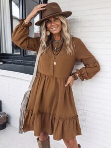 LanaWest Casual Vacation Western Style Coffee Color Half-Open Front Chest And Cuff Dyed Hollow Lace Patchwork Petal Sleeve Long Sleeve Back Elastic Waist A-Line Ruffle Hem Short Dress For Women - Brown - View 4