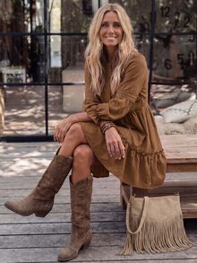 LanaWest Casual Vacation Western Style Coffee Color Half-Open Front Chest And Cuff Dyed Hollow Lace Patchwork Petal Sleeve Long Sleeve Back Elastic Waist A-Line Ruffle Hem Short Dress For Women - Brown - View 6