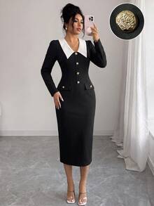 Selianne Contrast Collar Button Front Bodycon Dress - Black and White - View 6