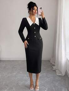 Selianne Contrast Collar Button Front Bodycon Dress - Black and White - View 4