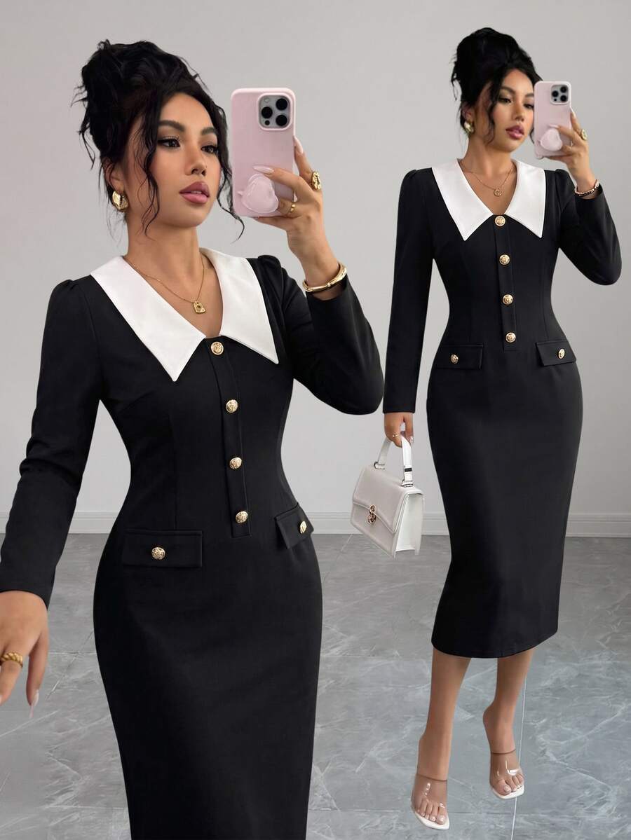 Selianne Contrast Collar Button Front Bodycon Dress - Black and White - View 1