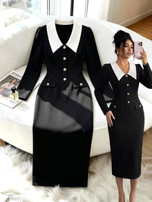 Selianne Contrast Collar Button Front Bodycon Dress - Black and White - View 3